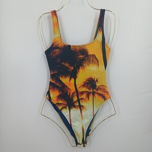 womens aerie size small one piece swimwear tropical palm tree sunset print